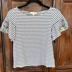 Blue and white striped tshirt with embroidered sleeves